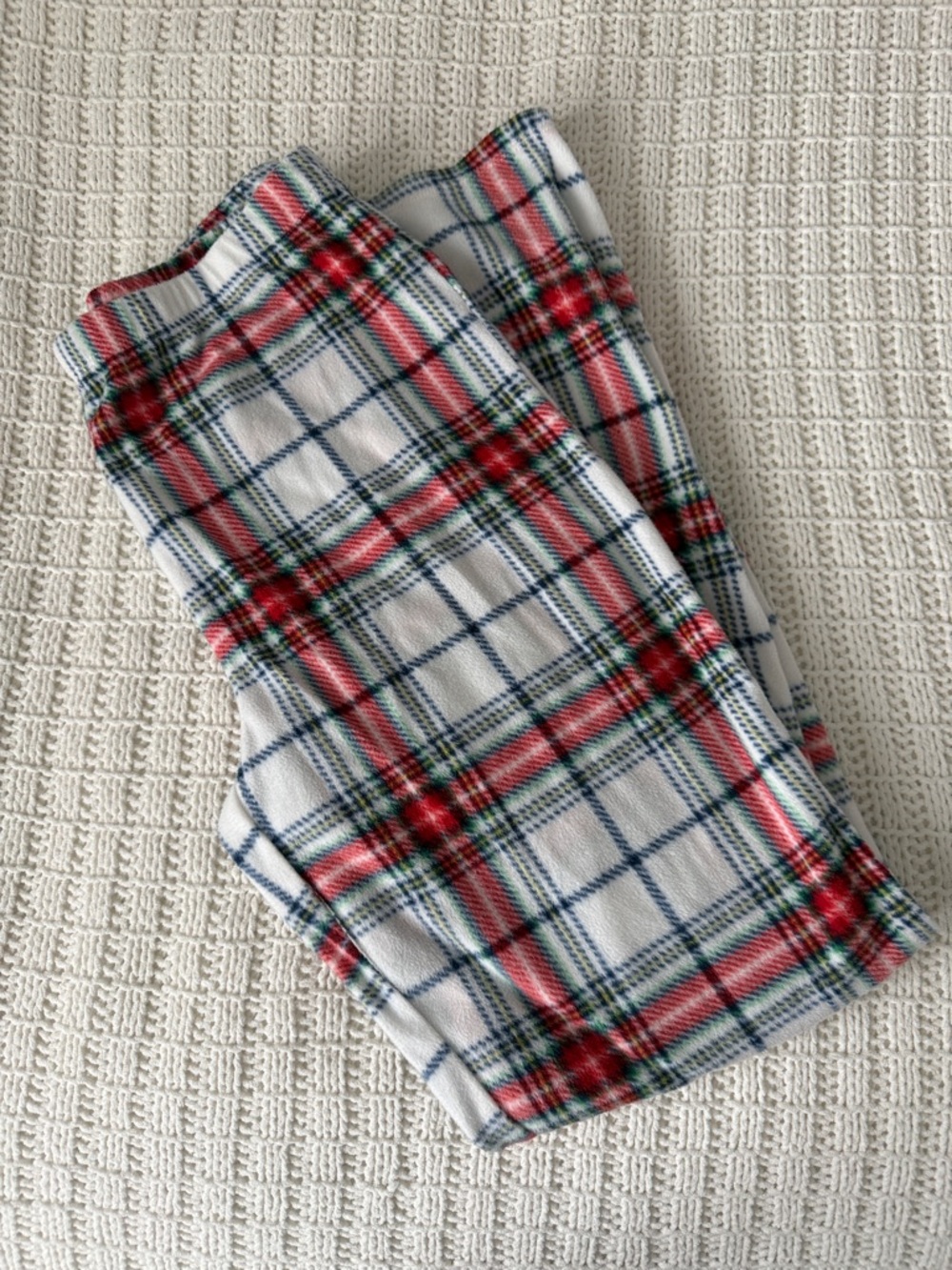 White Plaid Pajama Pants with Red and Blue Accents